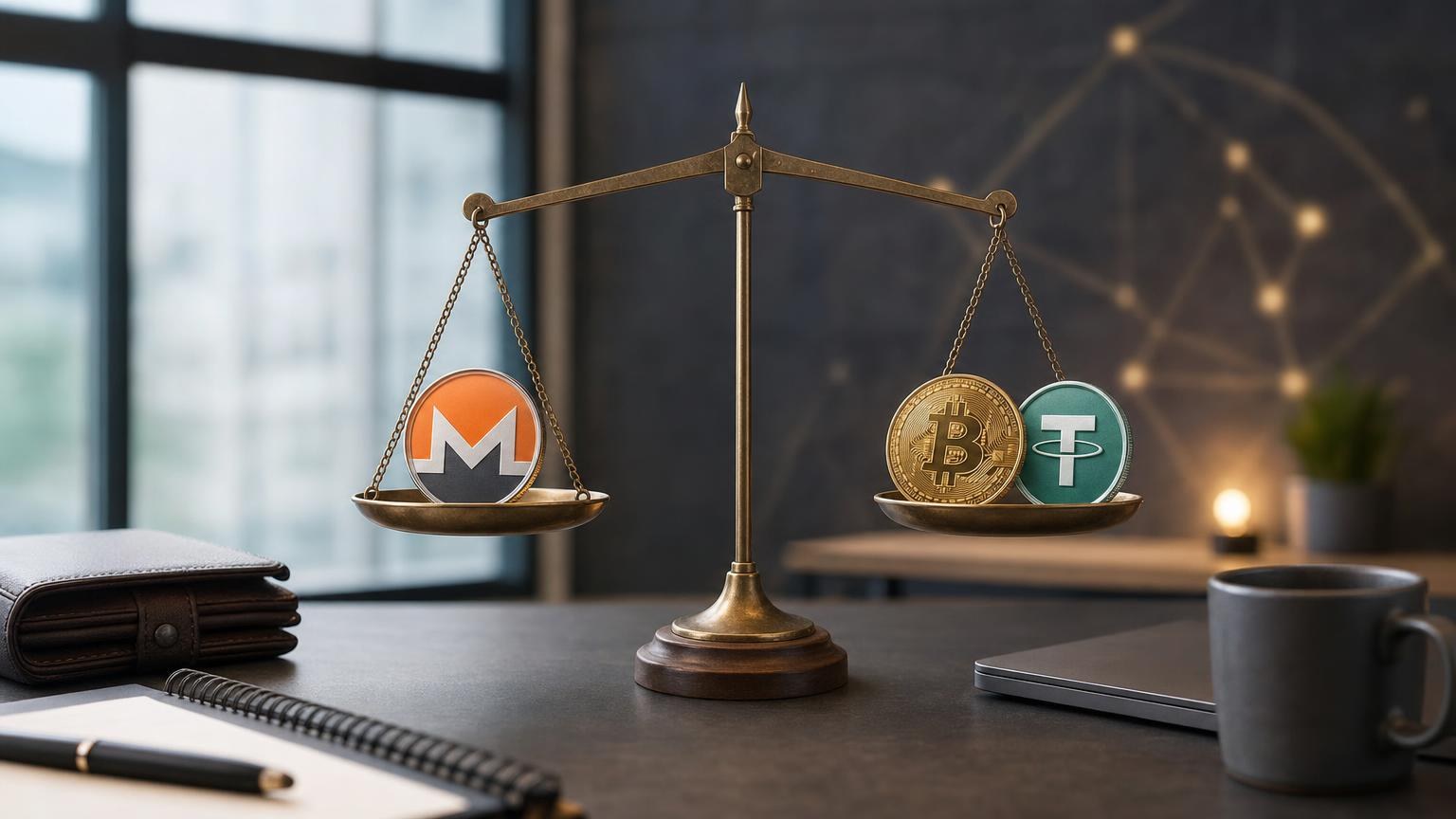 Monero coins branching toward Bitcoin and USDT, illustrating a comparison of value exposure, networks, costs, and transaction risks